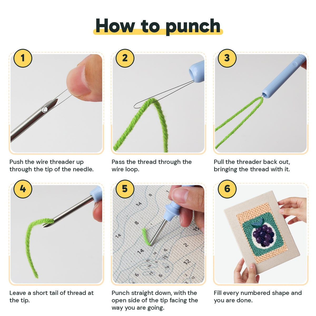 Six steps showing how to thread and use the punch needle