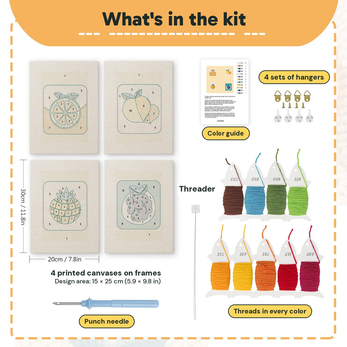 What is in the Citrus and Blackberries set, 8 × 12 in (20 × 30 cm) each: 4 printed canvases, punch needle, threader, threads, color guide and 4 sets of hangers