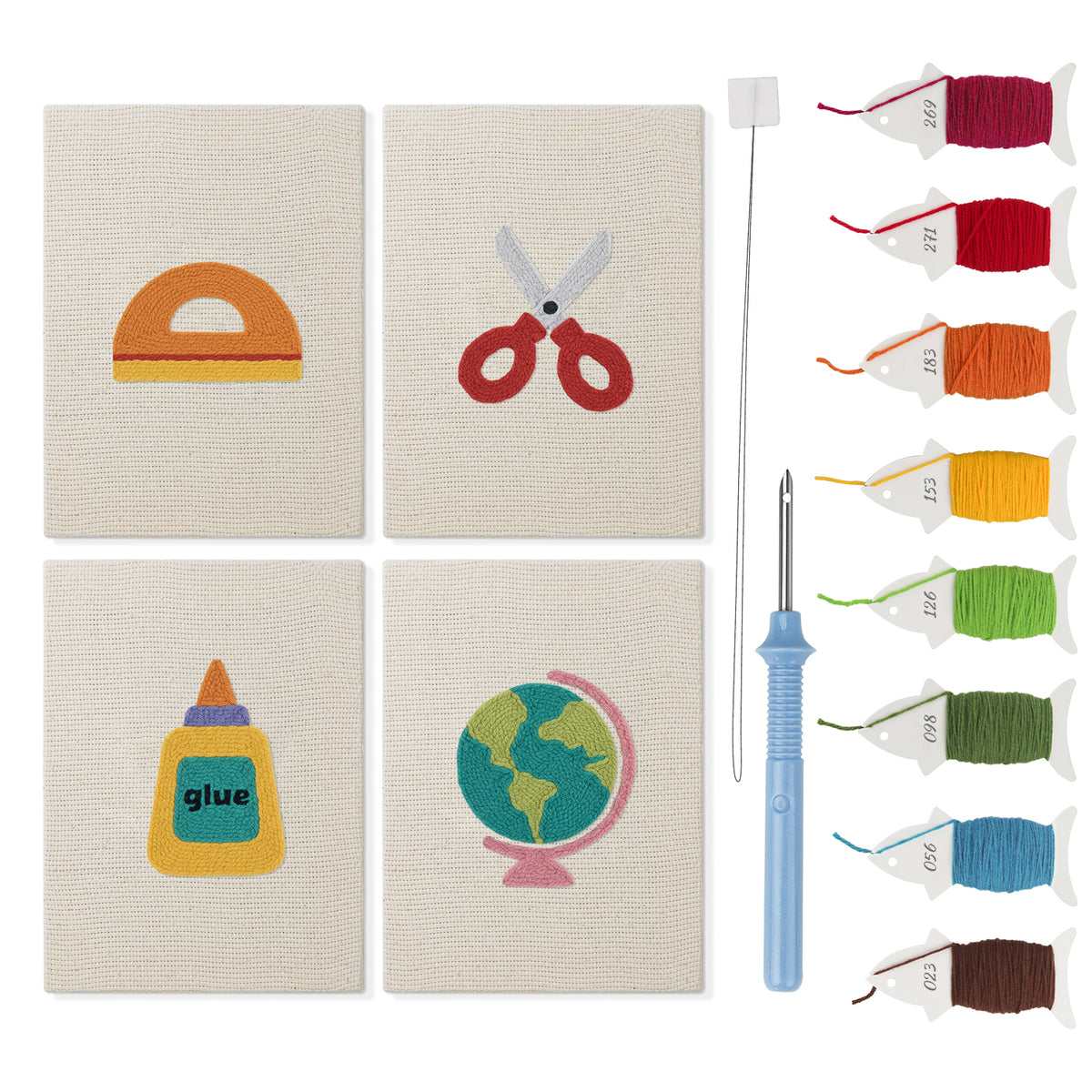 Classroom Globe mini punch needle kit set: four finished canvases with threads, punch needle and threader