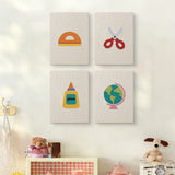 The four Classroom Globe mini canvases on a wall above a shelf