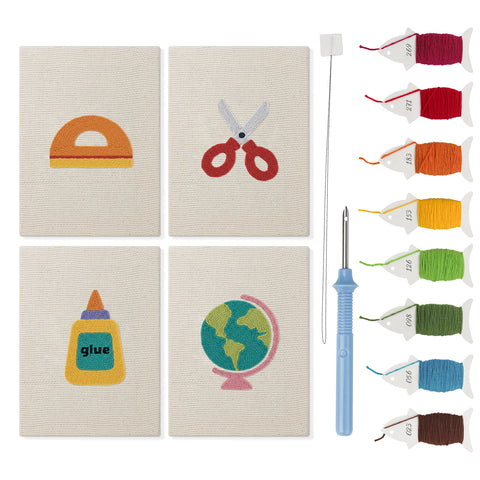 Classroom Globe mini punch needle kit set: four finished canvases with threads, punch needle and threader