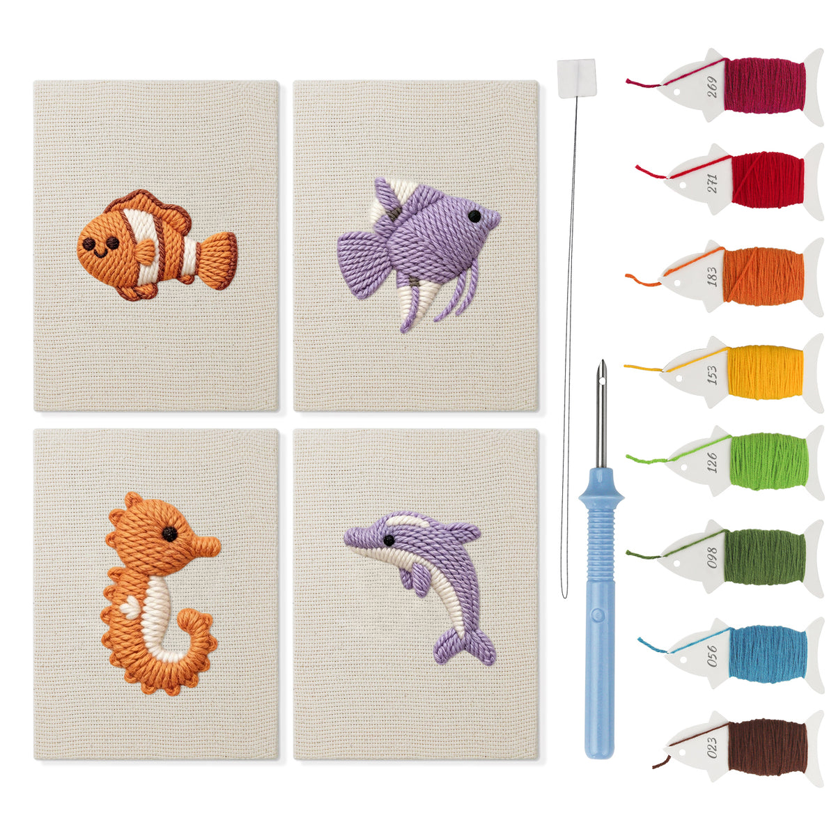 Clownfish Reef mini punch needle kit set: four finished canvases with threads, punch needle and threader