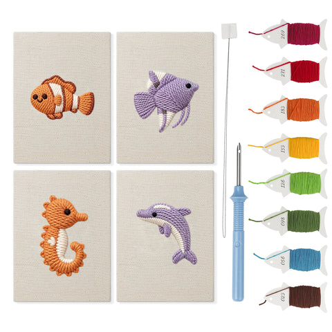 Clownfish Reef mini punch needle kit set: four finished canvases with threads, punch needle and threader
