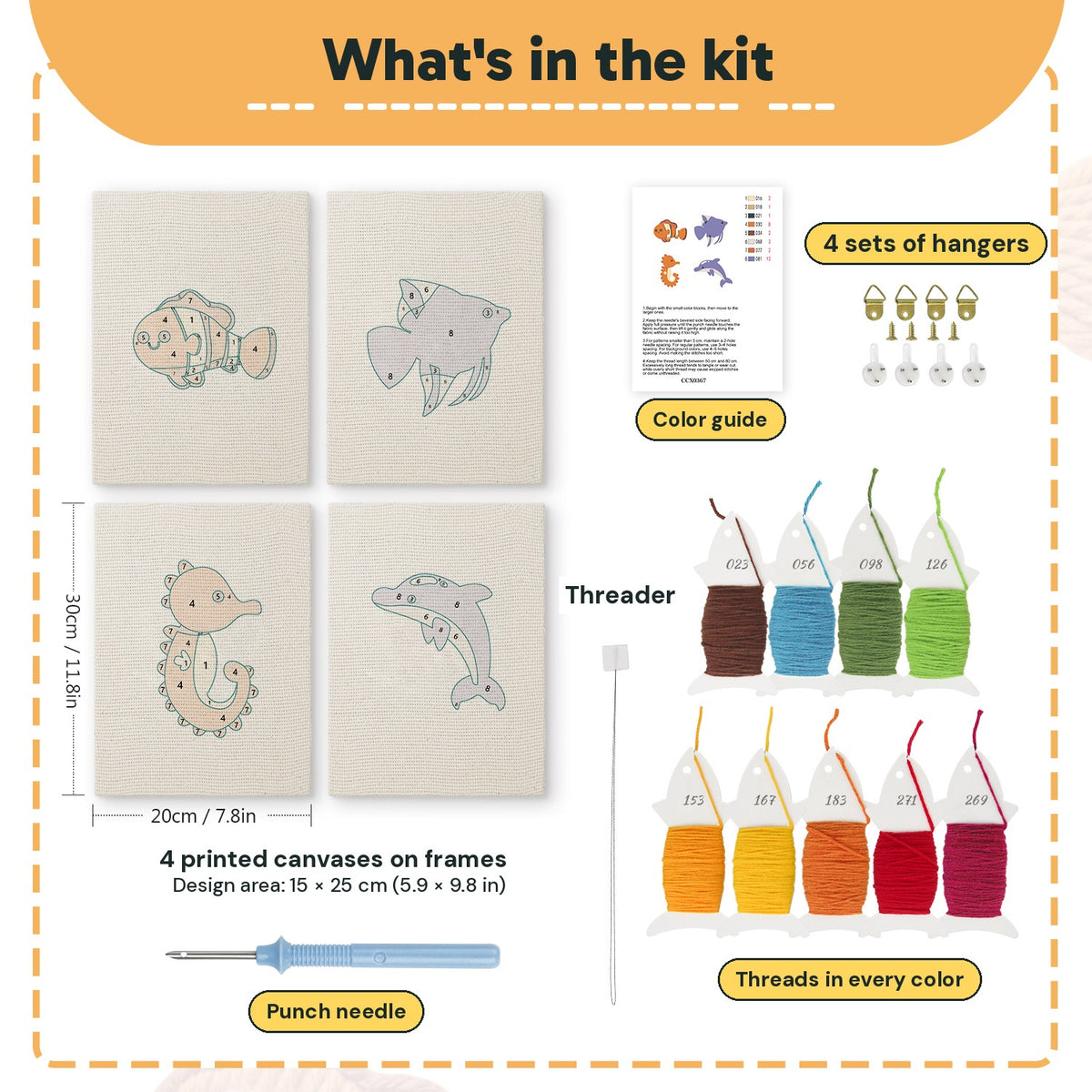What is in the Clownfish Reef set, 8 × 12 in (20 × 30 cm) each: 4 printed canvases, punch needle, threader, threads, color guide and 4 sets of hangers
