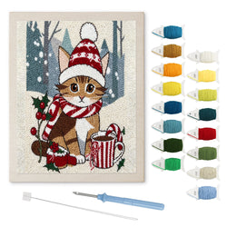 Cocoa Christmas Cat punch needle kit: finished canvas with threads, punch needle and threader