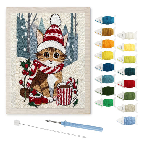 Cocoa Christmas Cat punch needle kit: finished canvas with threads, punch needle and threader