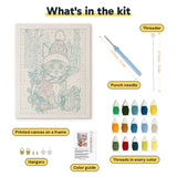 What is in the Cocoa Christmas Cat kit: printed canvas, punch needle, threader, threads, color guide and hangers