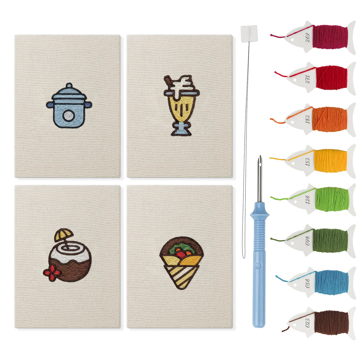 Coconut Crepe Cafe mini punch needle kit set: four finished canvases with threads, punch needle and threader