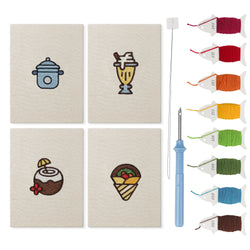 Coconut Crepe Cafe mini punch needle kit set: four finished canvases with threads, punch needle and threader