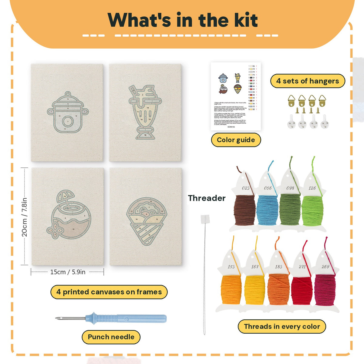 What is in the Coconut Crepe Cafe set: 4 printed canvases, punch needle, threader, threads, color guide and 4 sets of hangers (6 × 8 in (15 × 20 cm) each)