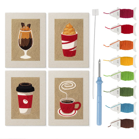 Coffee Shop Cups mini punch needle kit set: four finished canvases with threads, punch needle and threader