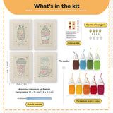 What is in the Coffee Shop Cups set: 4 printed canvases, punch needle, threader, threads, color guide and 4 sets of hangers (6 × 8 in (15 × 20 cm) each)