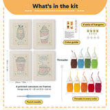What is in the Coffee Shop Cups set, 8 × 12 in (20 × 30 cm) each: 4 printed canvases, punch needle, threader, threads, color guide and 4 sets of hangers