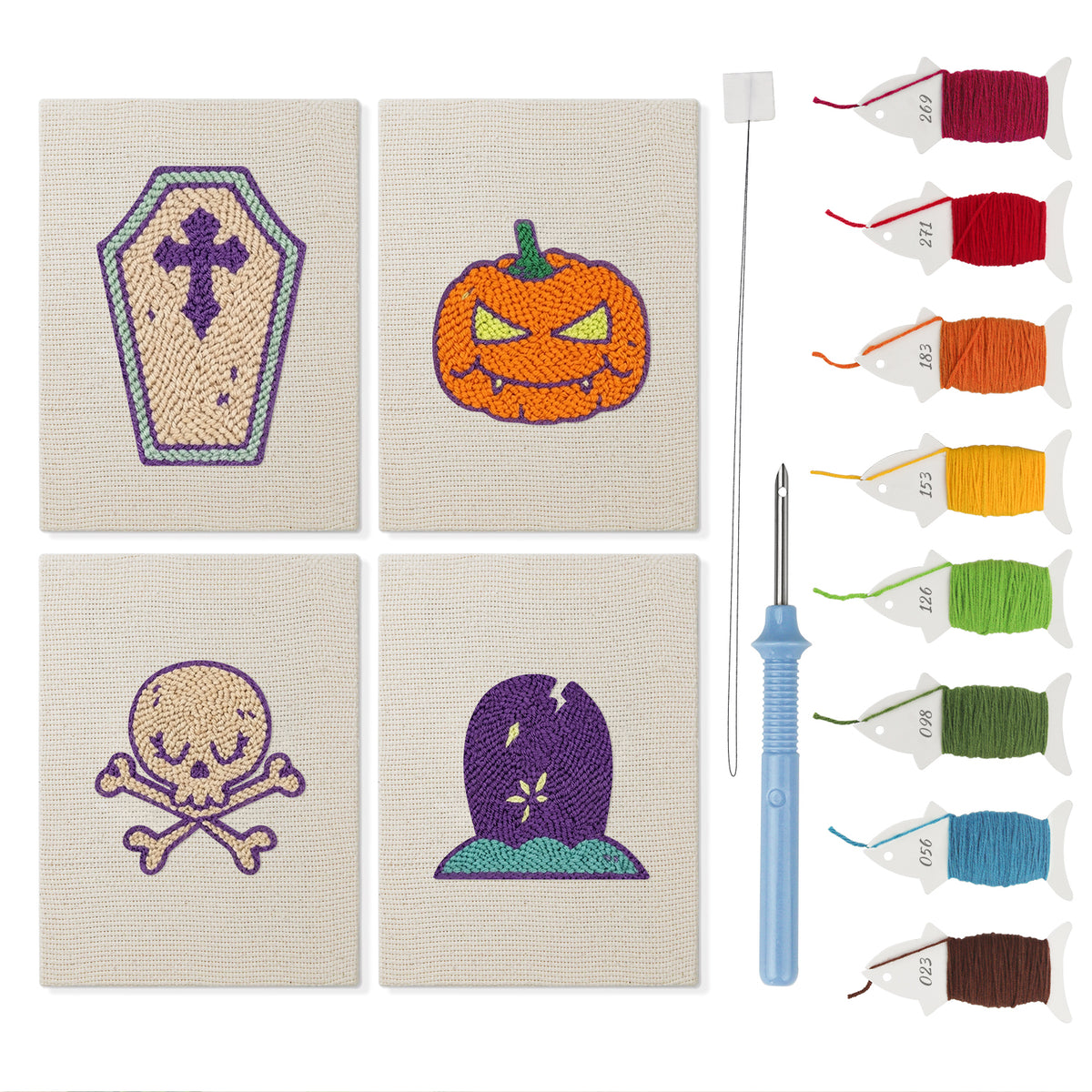 Coffin and Gravestone mini punch needle kit set: four finished canvases with threads, punch needle and threader