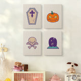 The four Coffin and Gravestone mini canvases on a wall above a shelf