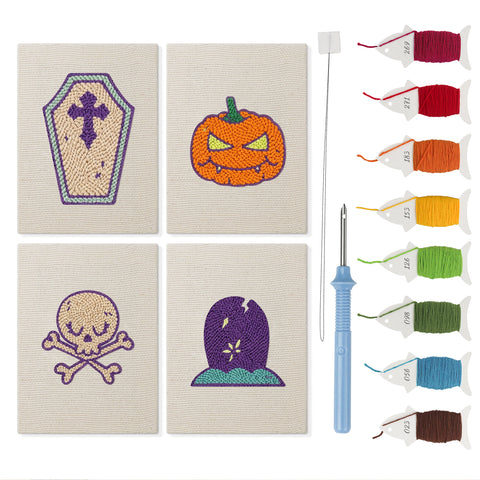 Coffin and Gravestone mini punch needle kit set: four finished canvases with threads, punch needle and threader