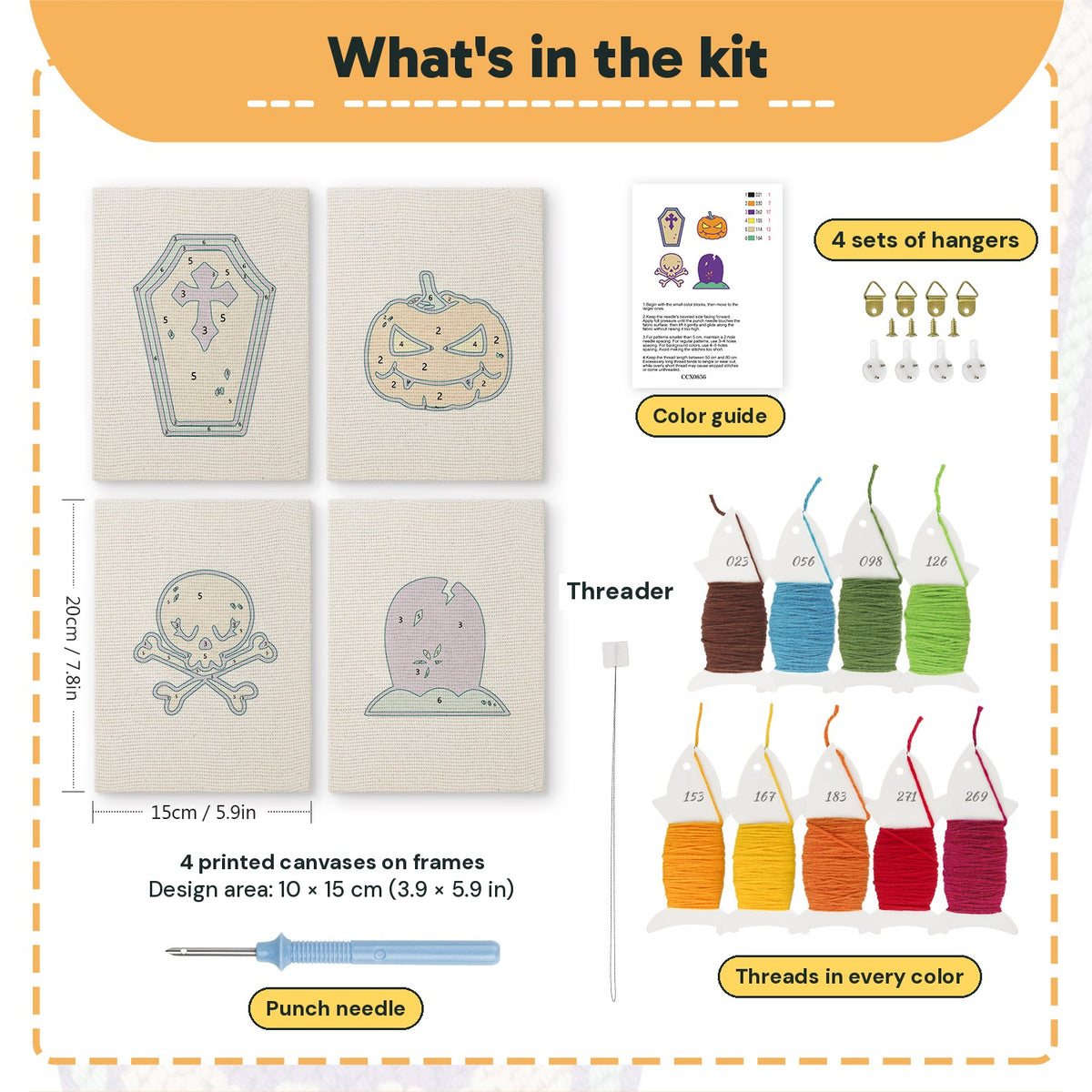What is in the Coffin and Gravestone set: 4 printed canvases, punch needle, threader, threads, color guide and 4 sets of hangers (6 × 8 in (15 × 20 cm) each)