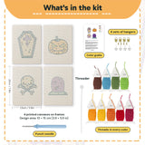 What is in the Coffin and Gravestone set: 4 printed canvases, punch needle, threader, threads, color guide and 4 sets of hangers (6 × 8 in (15 × 20 cm) each)