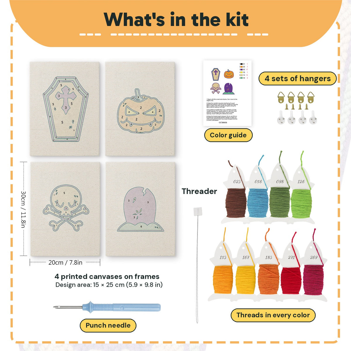 What is in the Coffin and Gravestone set, 8 × 12 in (20 × 30 cm) each: 4 printed canvases, punch needle, threader, threads, color guide and 4 sets of hangers
