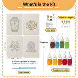 What is in the Coffin and Gravestone set, 8 × 12 in (20 × 30 cm) each: 4 printed canvases, punch needle, threader, threads, color guide and 4 sets of hangers