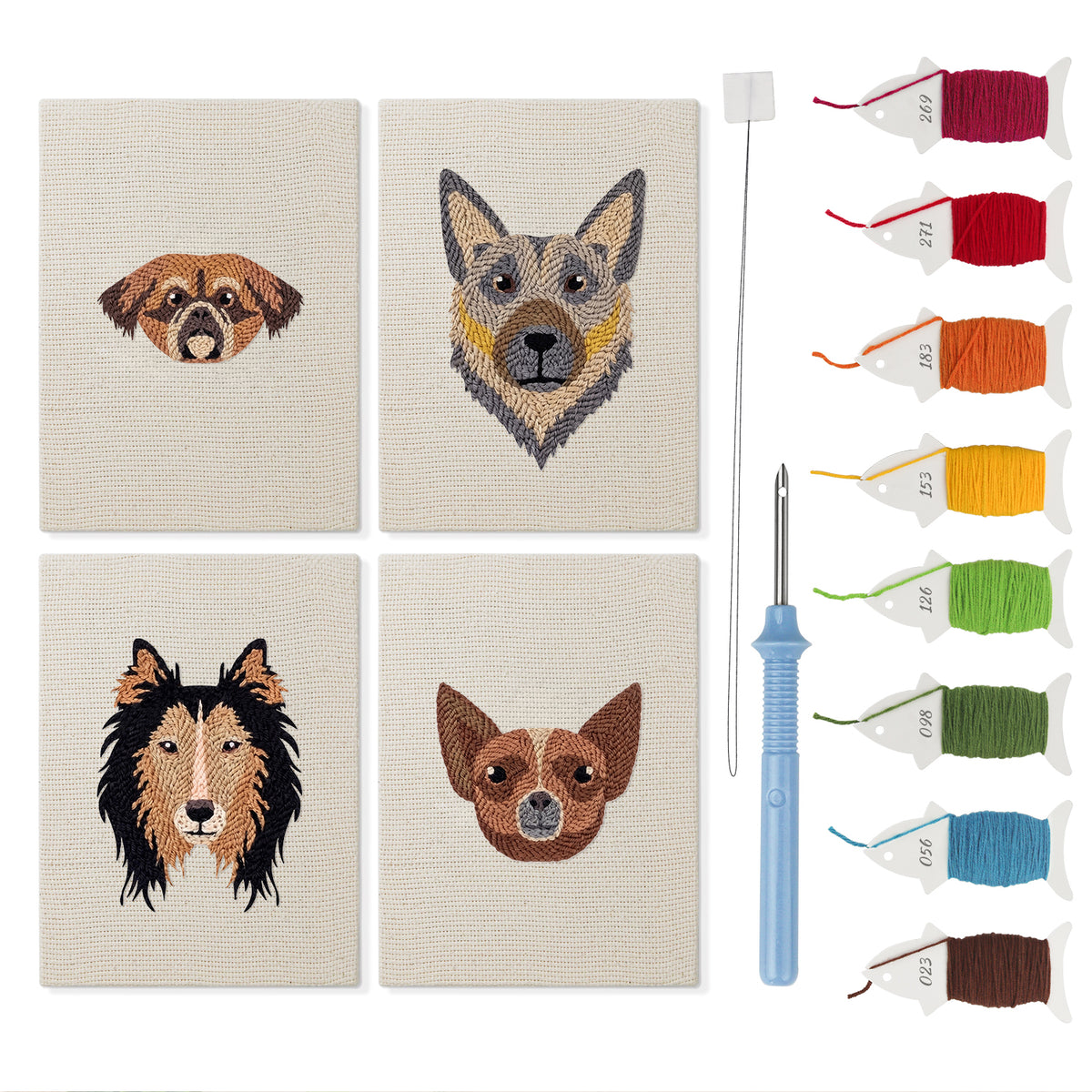 Collie and Chihuahua mini punch needle kit set: four finished canvases with threads, punch needle and threader