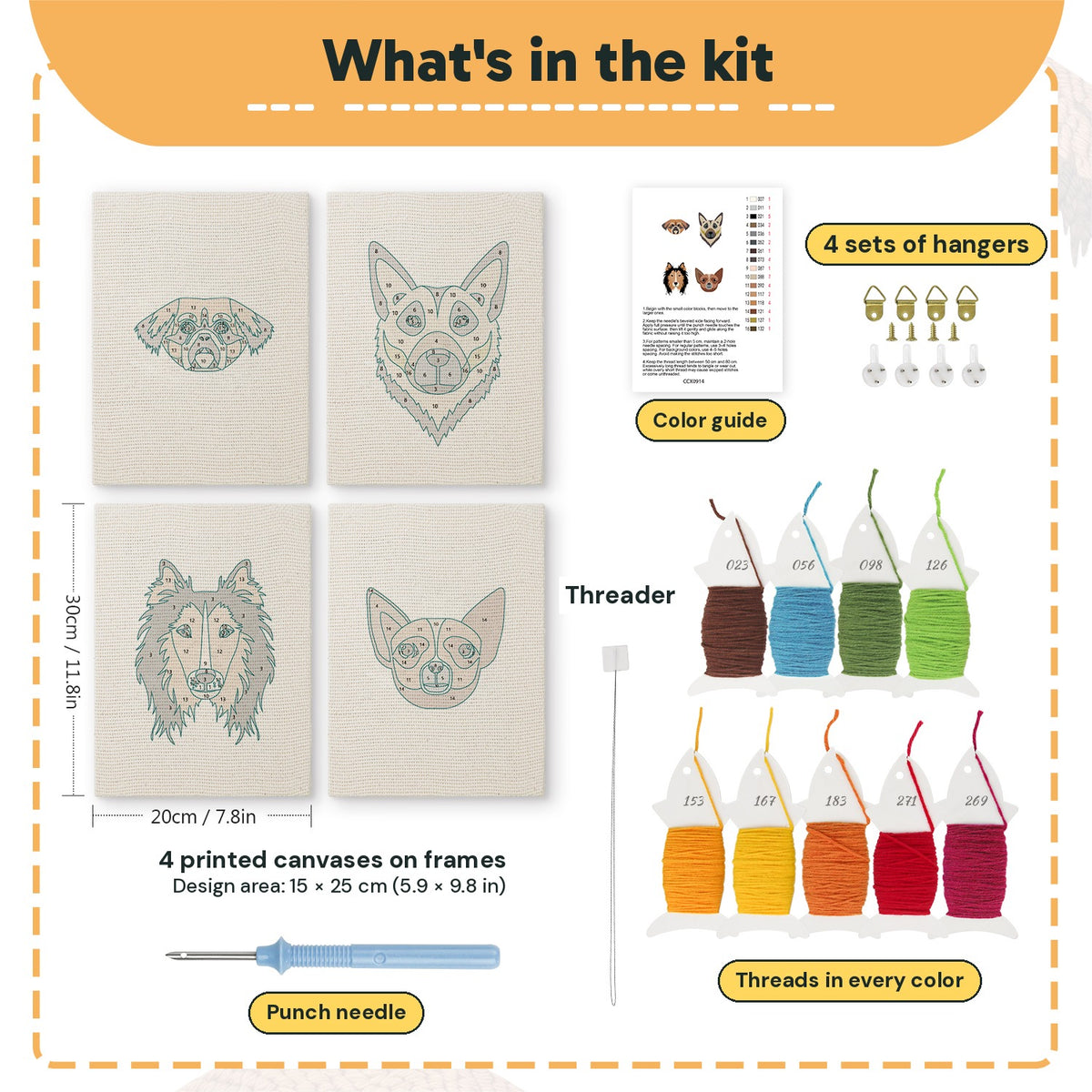 What is in the Collie and Chihuahua set, 8 × 12 in (20 × 30 cm) each: 4 printed canvases, punch needle, threader, threads, color guide and 4 sets of hangers