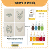What is in the Collie and Chihuahua set, 8 × 12 in (20 × 30 cm) each: 4 printed canvases, punch needle, threader, threads, color guide and 4 sets of hangers