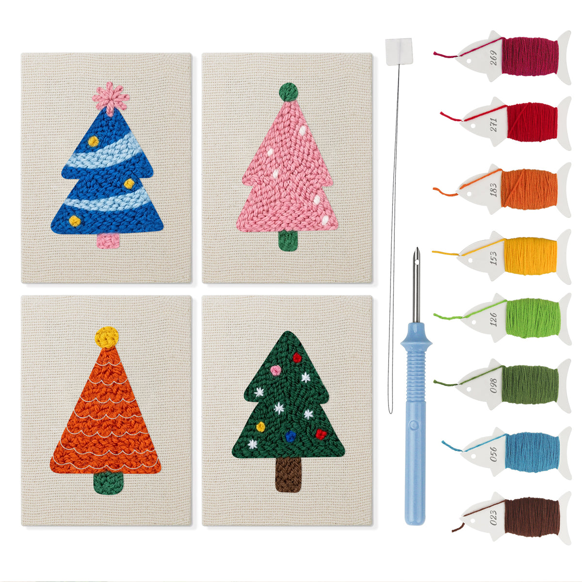 Colorful Christmas Trees mini punch needle kit set: four finished canvases with threads, punch needle and threader