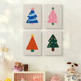 The four Colorful Christmas Trees mini canvases on a wall above a shelf