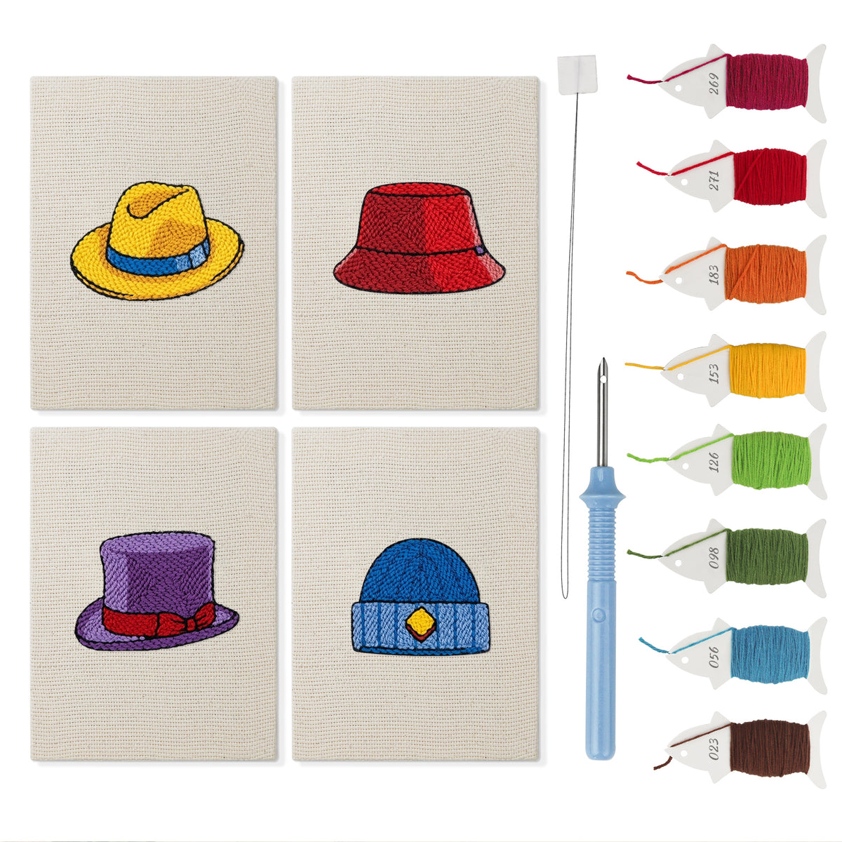 Colorful Hats mini punch needle kit set: four finished canvases with threads, punch needle and threader