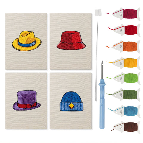 Colorful Hats mini punch needle kit set: four finished canvases with threads, punch needle and threader