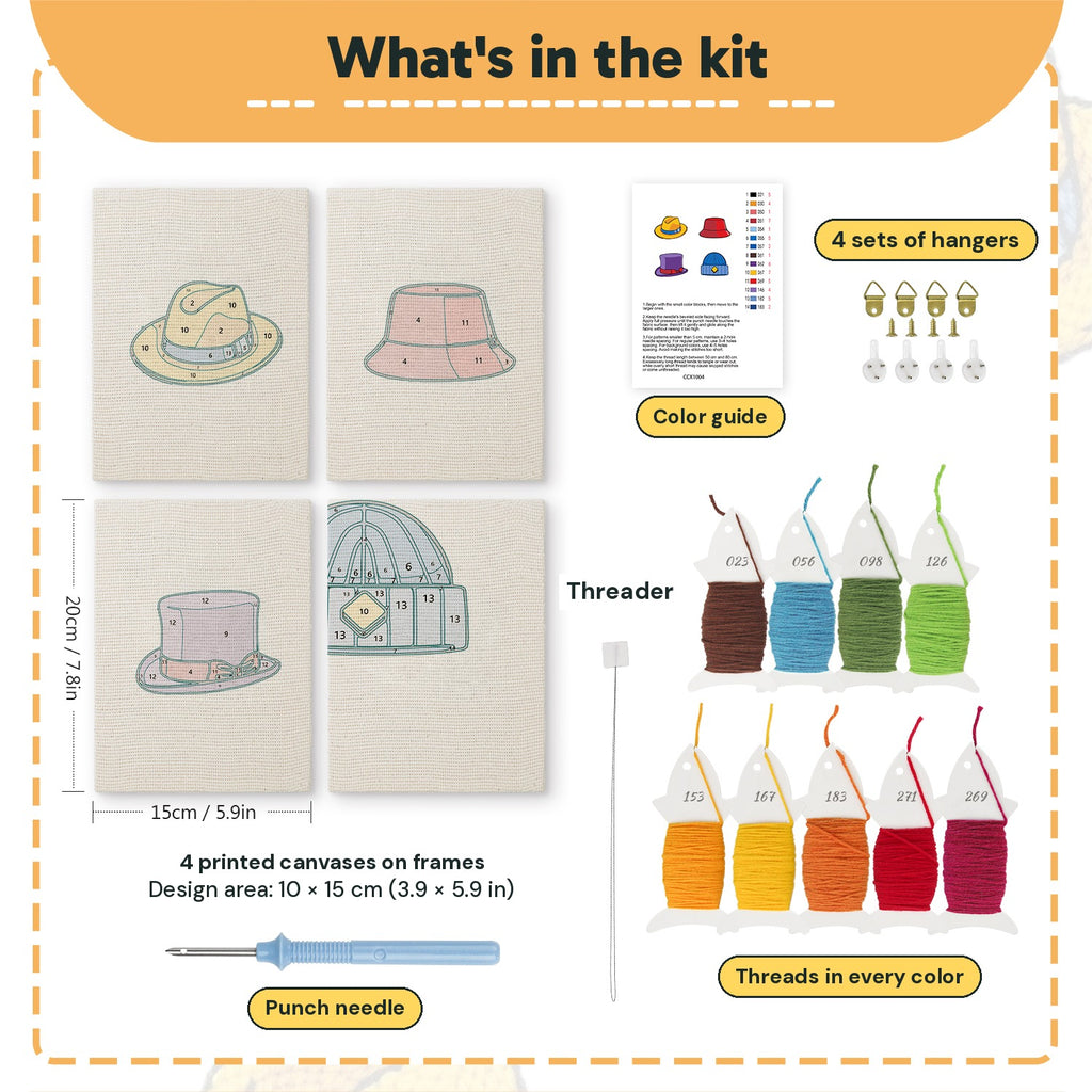 What is in the Colorful Hats set: 4 printed canvases, punch needle, threader, threads, color guide and 4 sets of hangers (6 × 8 in (15 × 20 cm) each)