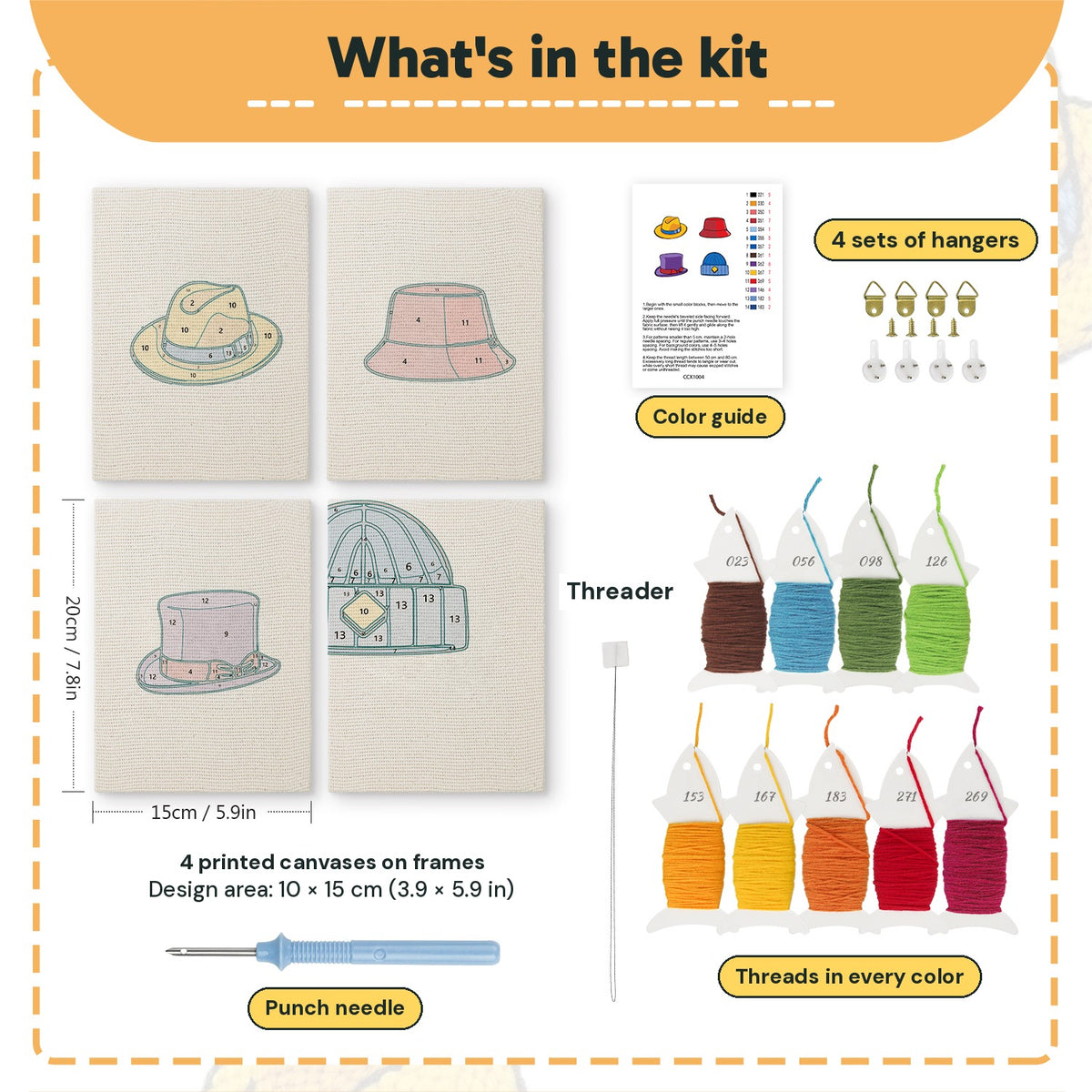 What is in the Colorful Hats set: 4 printed canvases, punch needle, threader, threads, color guide and 4 sets of hangers (6 × 8 in (15 × 20 cm) each)
