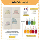 What is in the Colorful Hats set: 4 printed canvases, punch needle, threader, threads, color guide and 4 sets of hangers (6 × 8 in (15 × 20 cm) each)