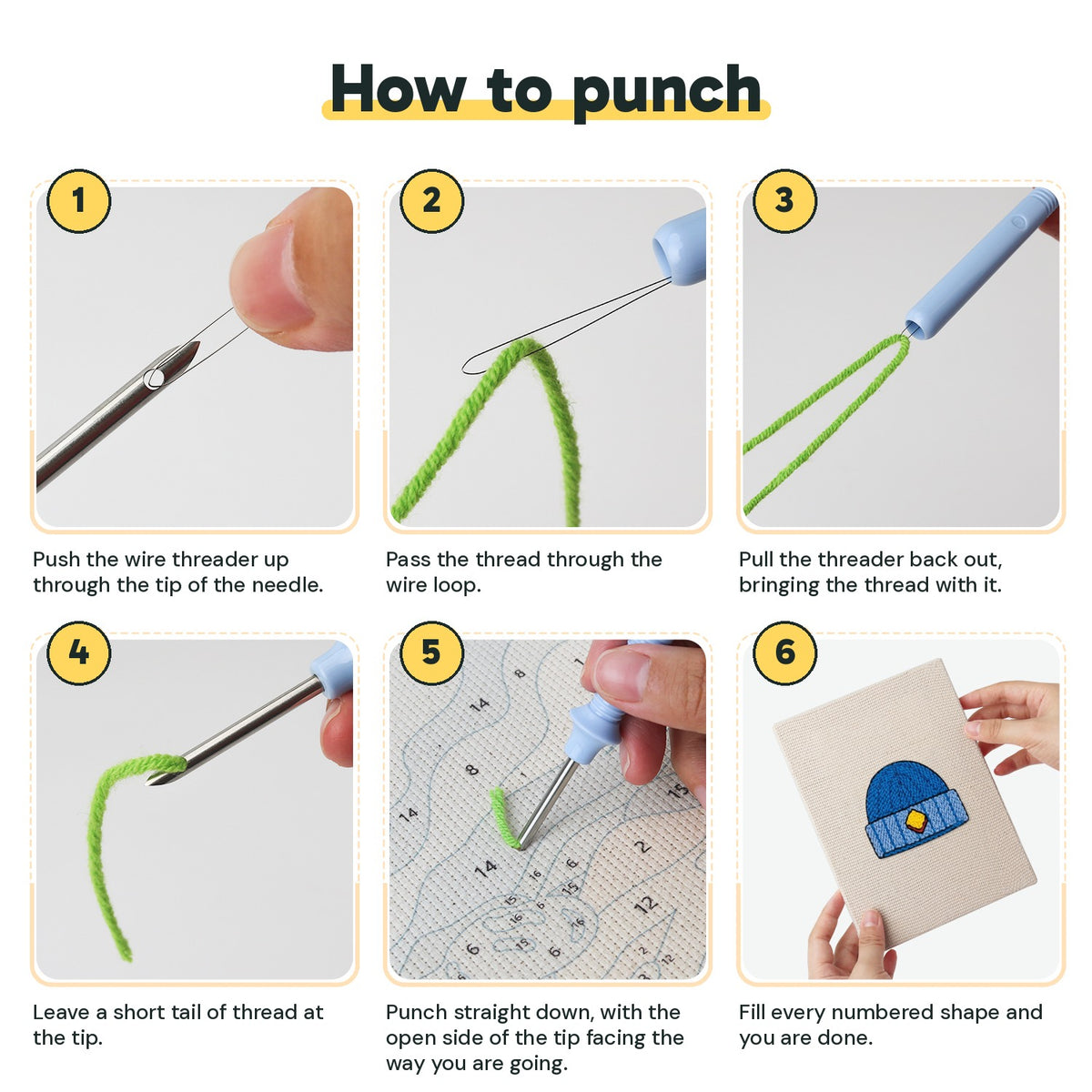 Six steps showing how to thread and use the punch needle