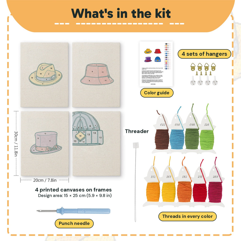 What is in the Colorful Hats set, 8 × 12 in (20 × 30 cm) each: 4 printed canvases, punch needle, threader, threads, color guide and 4 sets of hangers
