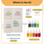 What is in the Colorful Hats set, 8 × 12 in (20 × 30 cm) each: 4 printed canvases, punch needle, threader, threads, color guide and 4 sets of hangers
