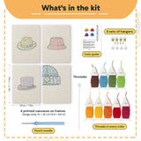 What is in the Colorful Hats set, 8 × 12 in (20 × 30 cm) each: 4 printed canvases, punch needle, threader, threads, color guide and 4 sets of hangers
