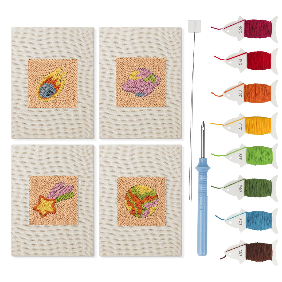 Comet and Planets mini punch needle kit set: four finished canvases with threads, punch needle and threader