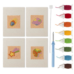 Comet and Planets mini punch needle kit set: four finished canvases with threads, punch needle and threader