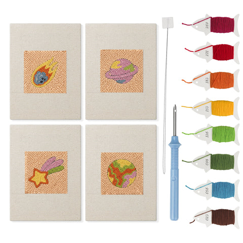 Comet and Planets mini punch needle kit set: four finished canvases with threads, punch needle and threader