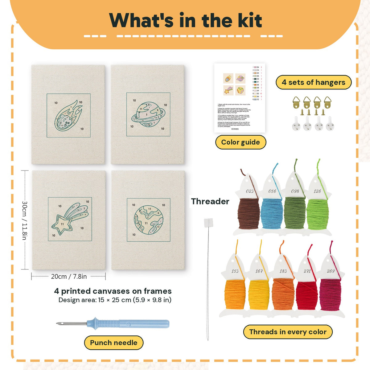 What is in the Comet and Planets set, 8 × 12 in (20 × 30 cm) each: 4 printed canvases, punch needle, threader, threads, color guide and 4 sets of hangers