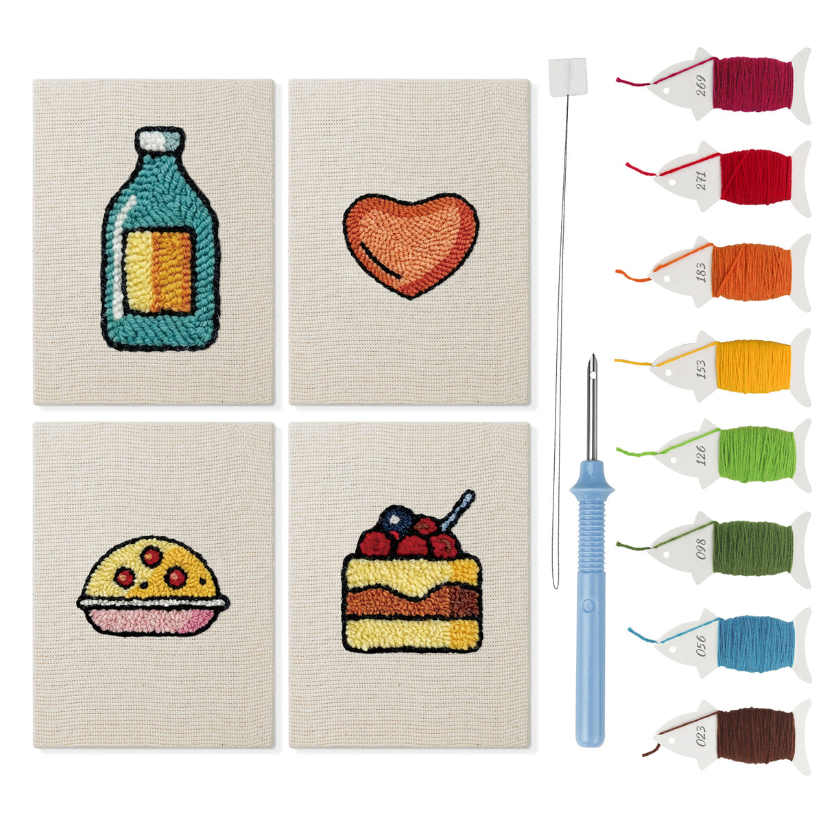 Cookie and Cake mini punch needle kit set: four finished canvases with threads, punch needle and threader