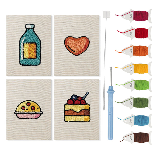 Cookie and Cake mini punch needle kit set: four finished canvases with threads, punch needle and threader