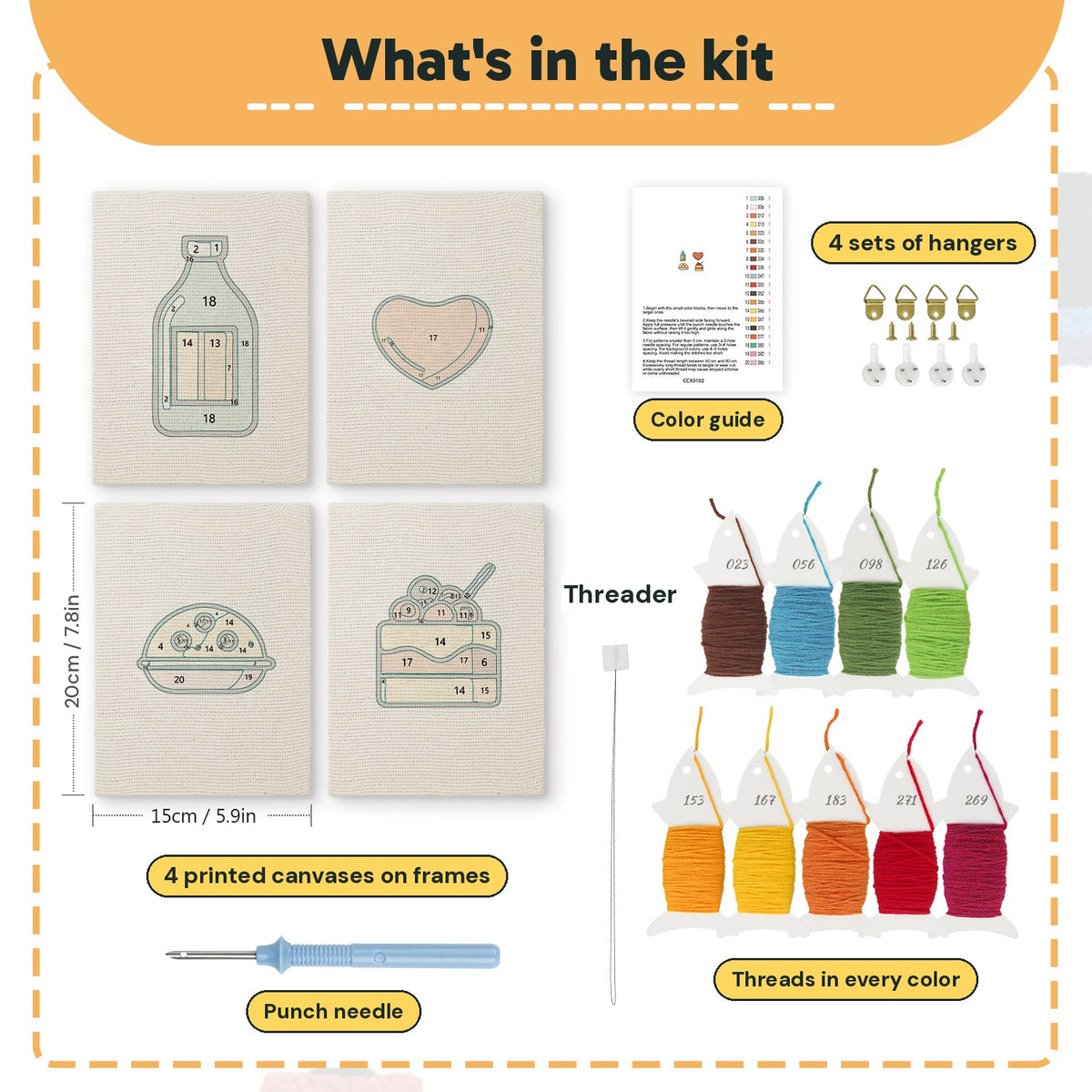 What is in the Cookie and Cake set: 4 printed canvases, punch needle, threader, threads, color guide and 4 sets of hangers (6 × 8 in (15 × 20 cm) each)