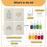 What is in the Cookie and Cake set: 4 printed canvases, punch needle, threader, threads, color guide and 4 sets of hangers (6 × 8 in (15 × 20 cm) each)