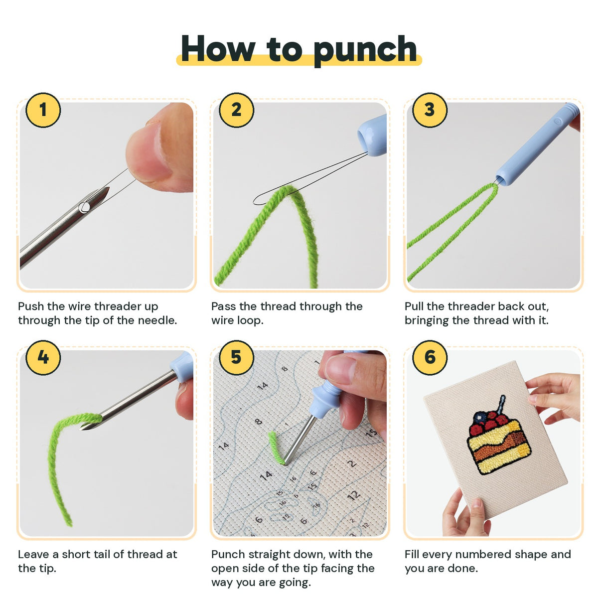 Six steps showing how to thread and use the punch needle