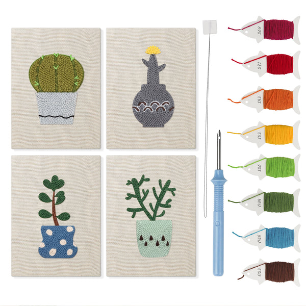 Cool Tone Planters mini punch needle kit set: four finished canvases with threads, punch needle and threader
