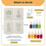 What is in the Cool Tone Planters set: 4 printed canvases, punch needle, threader, threads, color guide and 4 sets of hangers (6 × 8 in (15 × 20 cm) each)