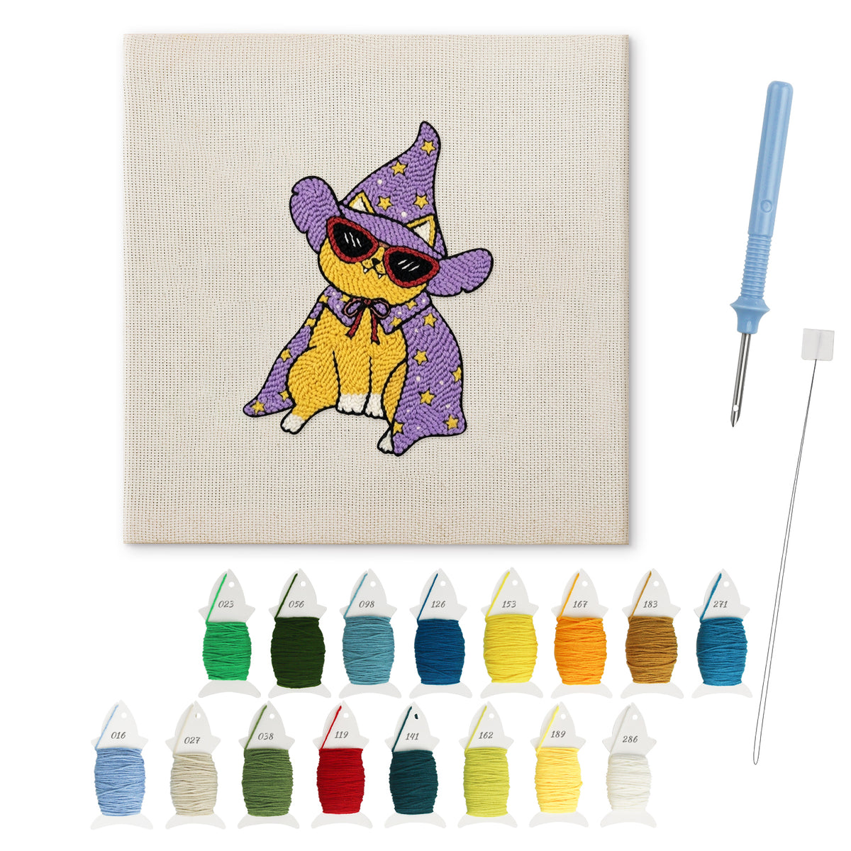 Cool Wizard Cat punch needle kit: finished canvas with threads, punch needle and threader
